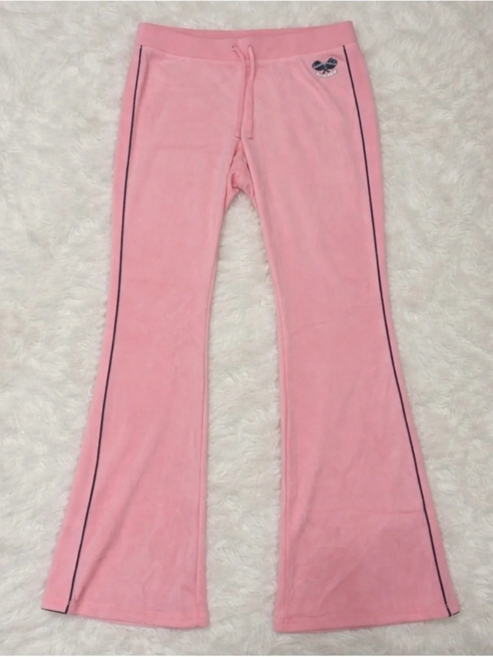Juicy Couture Pink Velour Wide-Leg Track Pants with Blue Side Stripes - Picture 2 of 11